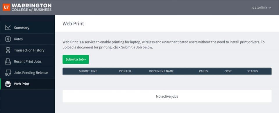 In the Printing Portal, available tabs on the left are Summary, Rates, Transaction History, Recent Print Jobs, and Jobs Pending Release, and the Web Print tab is selected by default. A Submit a Job button is available.
