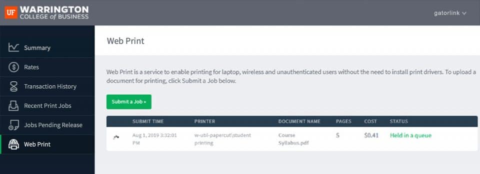 In the Printing Portal, a Submit a Job button and details of the print job now Held in a queue