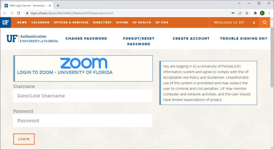 Screen capture of UF Authentication for login to Zoom with username and password fields