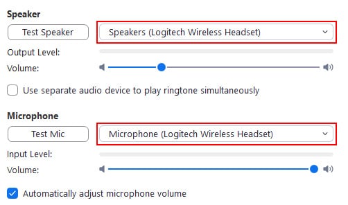 Screen capture of audio settings with Speaker and Mic selections indicated