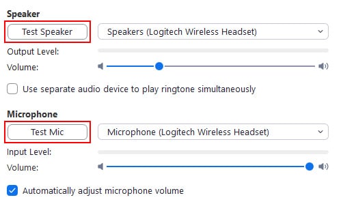Screen capture of audio settings with Test Speaker and Test Mic buttons indicated