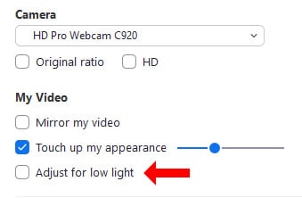 Screen capture of Zoom camera settings indicating Adjust for low light checkbox