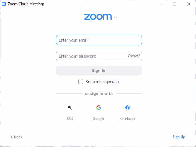 Screen capture of Zoom sign-in screen to enter email and password, or sign in with SSO, Google or Facebook