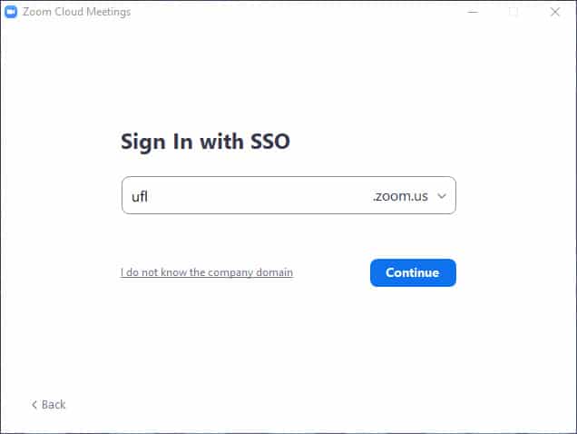 Screen capture of Zoom sign in with SSO