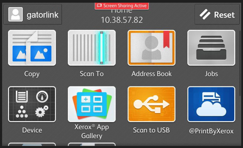 LCD screen at the printer showing several options including Copy, Scan To, Address Book, Jobs, Device, Xerox App Gallery, Scan to USB, @PrintByXerox