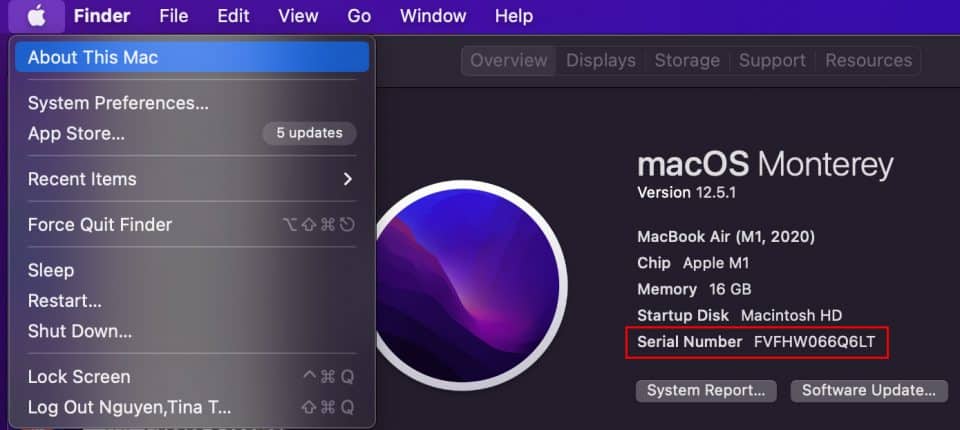 Screen capture showing the About This Mac in the Apple menu and the window showing information about the computer including its serial number
