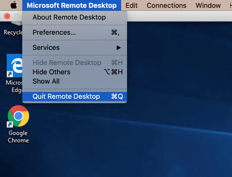 Screen capture showing a Mac desktop and the Microsoft Remote Desktop menu open and Quit Remote Desktop selected