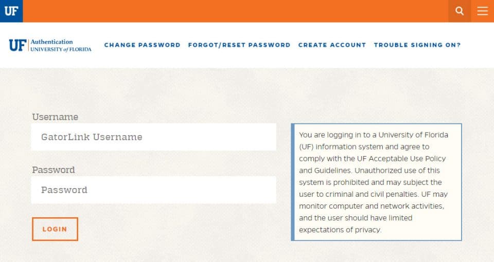 Screen capture of the UF GatorLink login username and password page