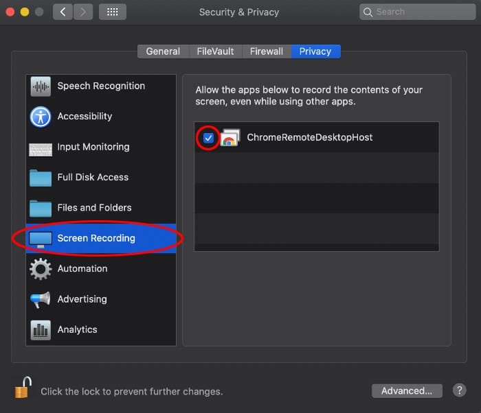 Screen capture of the System Preferences, Privacy tab with ChromeRemoteDesktopHost checked and Screen Recording selected