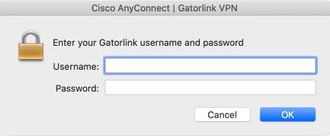 Screen capture of the Cisco AnyConnect login dialog box where you enter your GatorLink username and password
