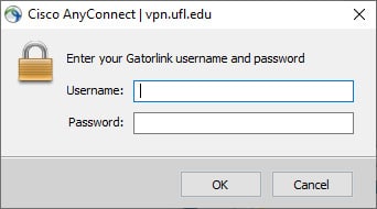 Screen capture of the Cisco AnyConnect login dialog box where you enter your GatorLink username and password