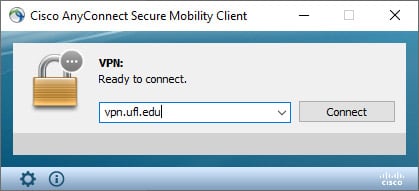 Screen Capture of the Cisco AnyConnect dialog box indicating the VPN is ready to connect