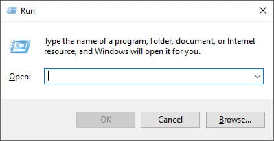 Screen capture of the Run dialog box where you can type the name of a program, folder, document, or Internet resource, and Windows will open it for you