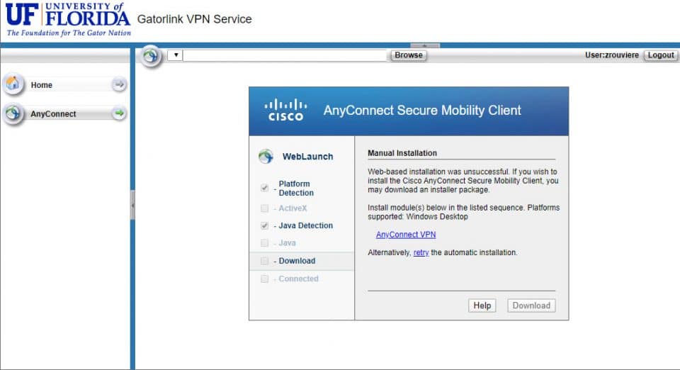 Screen capture of UF's GatorLink VPN Service page showing Cisco AnyConnect Secure Mobility Client
