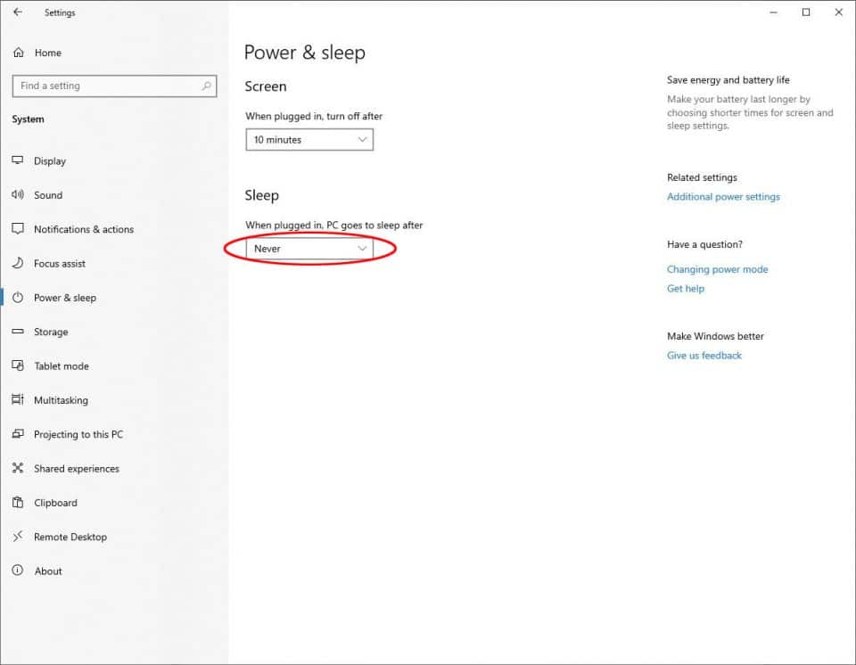 Screen capture of Power & Sleep screen with Never circled as the drop-down menu option