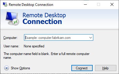 Screen capture of the Remote Desktop Connection dialog box