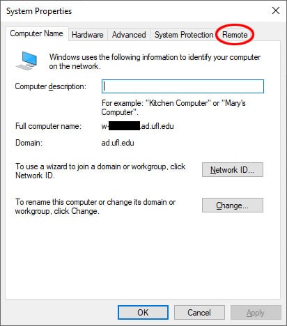 Screen capture of the System Properties dialog box with the Remote tab circled