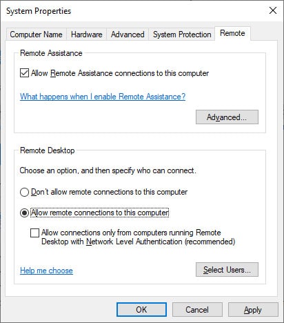 Screen capture of the System Properties dialog box with the Remote tab selected