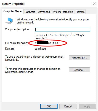 Screen capture of the System Properties dialog box with the full computer name circled