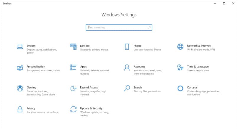 Screen capture of Windows Settings screen