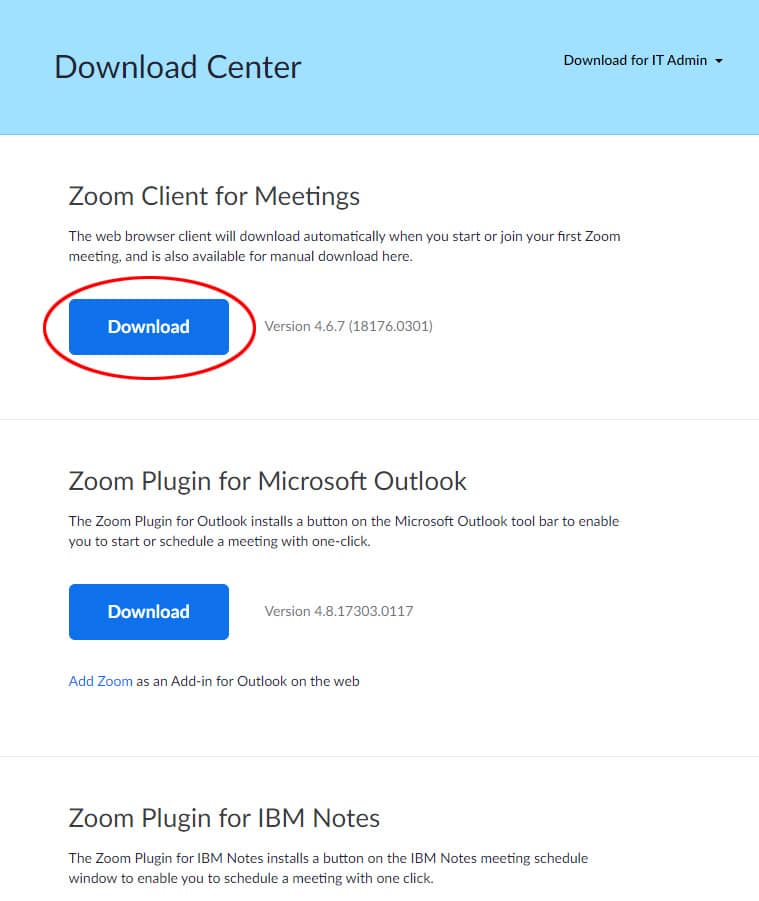 A screen capture of the Download Center with the Zoom Client for Meetings Download button circled