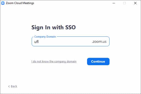 A screen capture showing Sign In with SSO and a text field and a Continue button