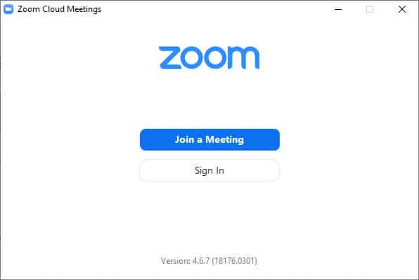 A screen capture showing a Zoom start screen with two buttons: Join a Meeting and Sign In