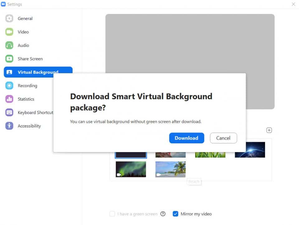 Screen capture of Zoom's Virtual Background settings with a Download Smart Virtual Background Package dialog box containing Download or Cancel buttons