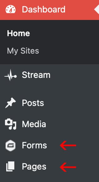 WordPress menu with arrows indicating the Forms and Pages items