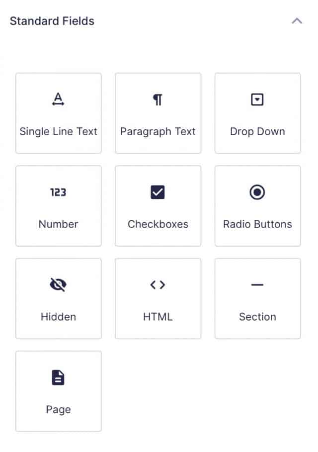 Gravity Forms Standard Fields section