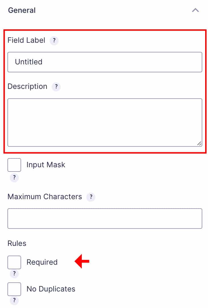 Gravity Forms General Field Settings indicating the Field Label, Description and Required checkbox