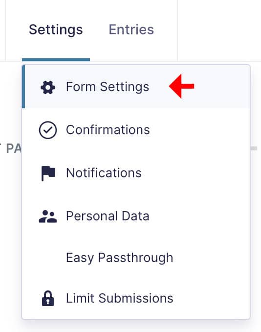 Gravity Forms Settings menu indicating the Form Settings item