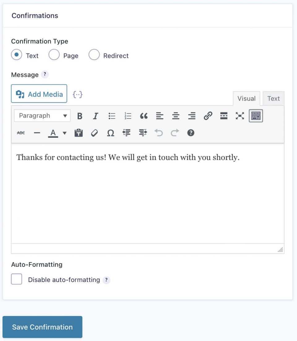 Gravity Forms Confirmation settings