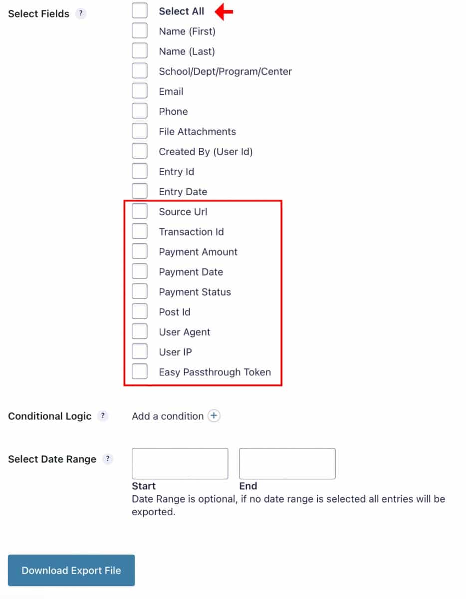 Gravity Forms Export Entries field selection, date range and Download Export File button