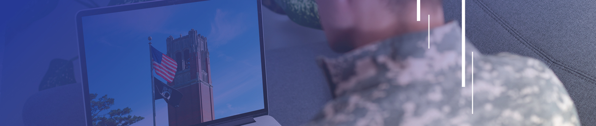 Banner background of person in military attire looking at a laptop