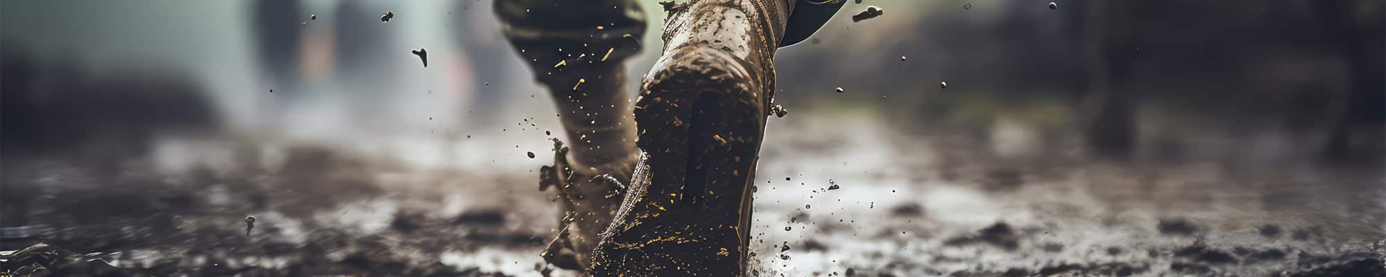 A soldier's boots walking through mud