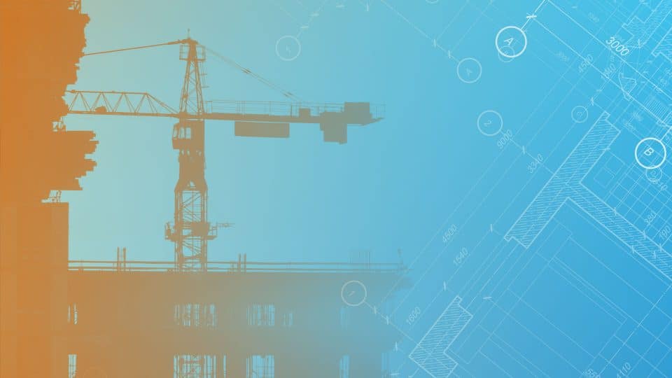 Background image featuring part of a construction crane and part of a blueprint