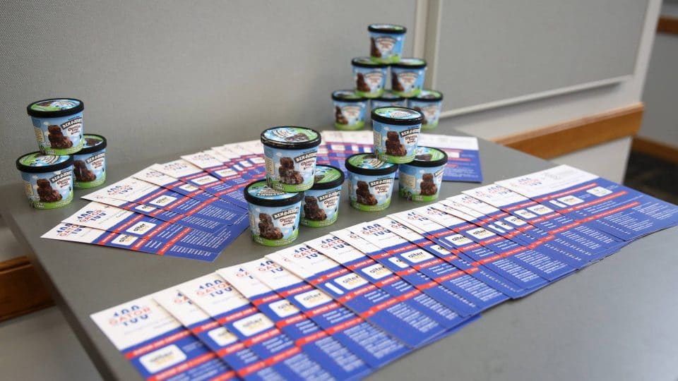 UF Business for Good Lab: Sustainable Business Consulting for B Corp certification flyers featuring Gator Grad entrepreneurs featured among the Gator 100 with Ben & Jerry’s icecream cups (for double B Corp goodness)