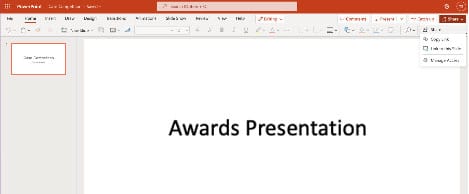 Screen capture: PowerPoint presentation in OneDrive with Share dropdown menu open