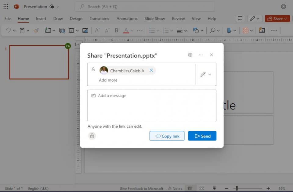 Screen capture: PowerPoint presentation in OneDrive Share options