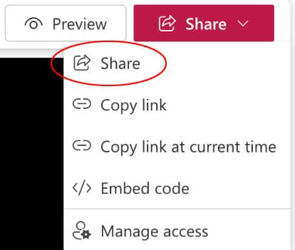 Screen capture: GatorCloud Stream Upload's Share drop-down options with Share circled