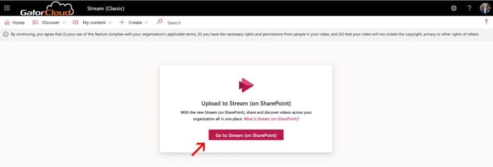 Screen capture: GatorCloud Upload to Stream (on SharePoint) with Go to button indicated