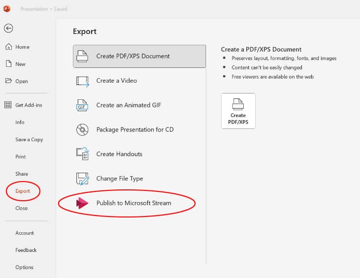 Screen capture: PowerPoint Export options with Publish to Microsoft Stream circled