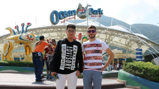 Two young men at Ocean Park in Hong Kong, China