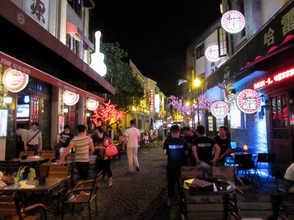 Laowaitan entertainment area at night in Ningbo, China