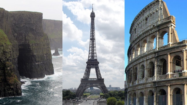 Cliffs of Moher in Ireland, Eiffel Tower in Paris, and the Colosseum in Rome