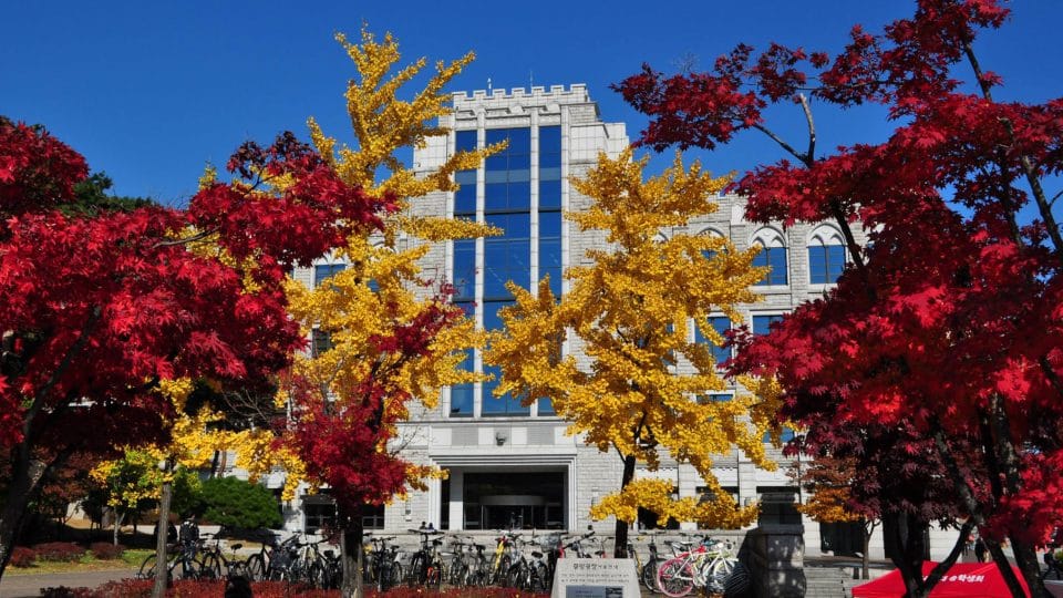 Korea University Business School with autumn leaves in Seoul, South Korea