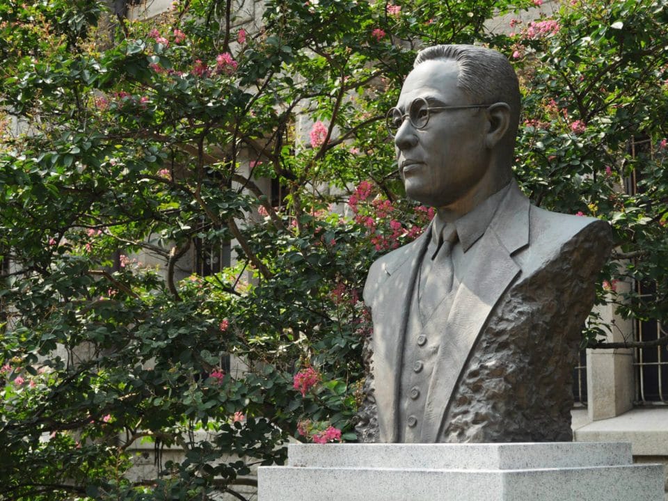 Statue bust of a man with a flowering tree behind in South Korea