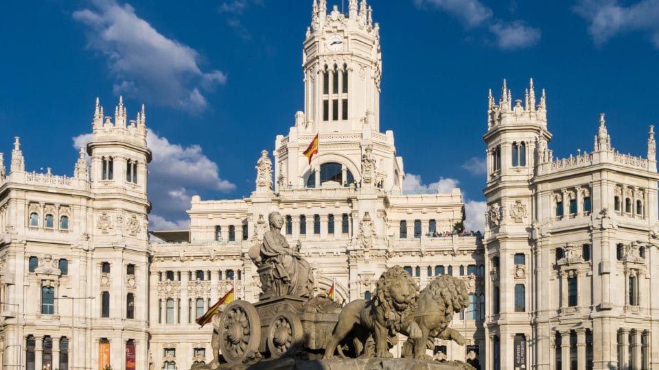 Cybele Palace and Fountain at the Plaza Cibeles in Madrid, Spain