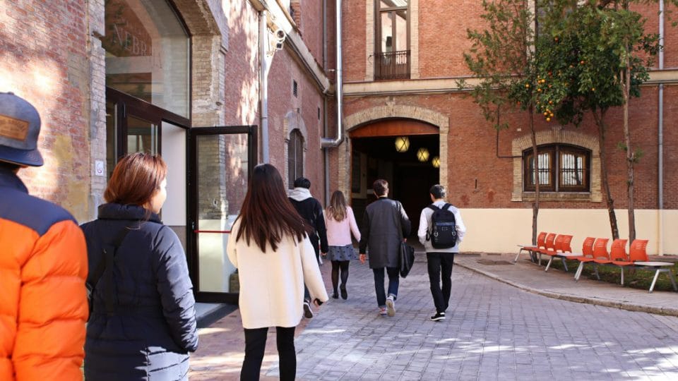 Students walking to a building on the Universidad Nebrija campus in Madrid, Spain